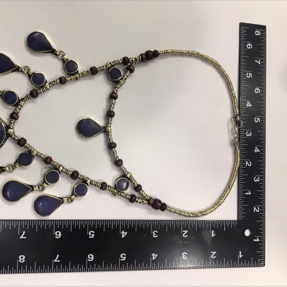 Two Layers Tribal Stones Vintage Necklace, Afghan Metal and Wooden Beaded Chain - Picture 7 of 8